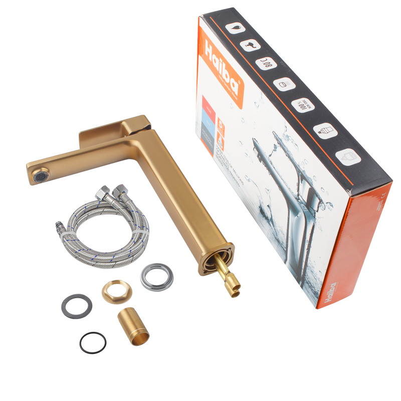 Смеситель для умывальника высокий Haiba KUBUS 001 (HIGH) BRUSHED GOLD (HB9623)