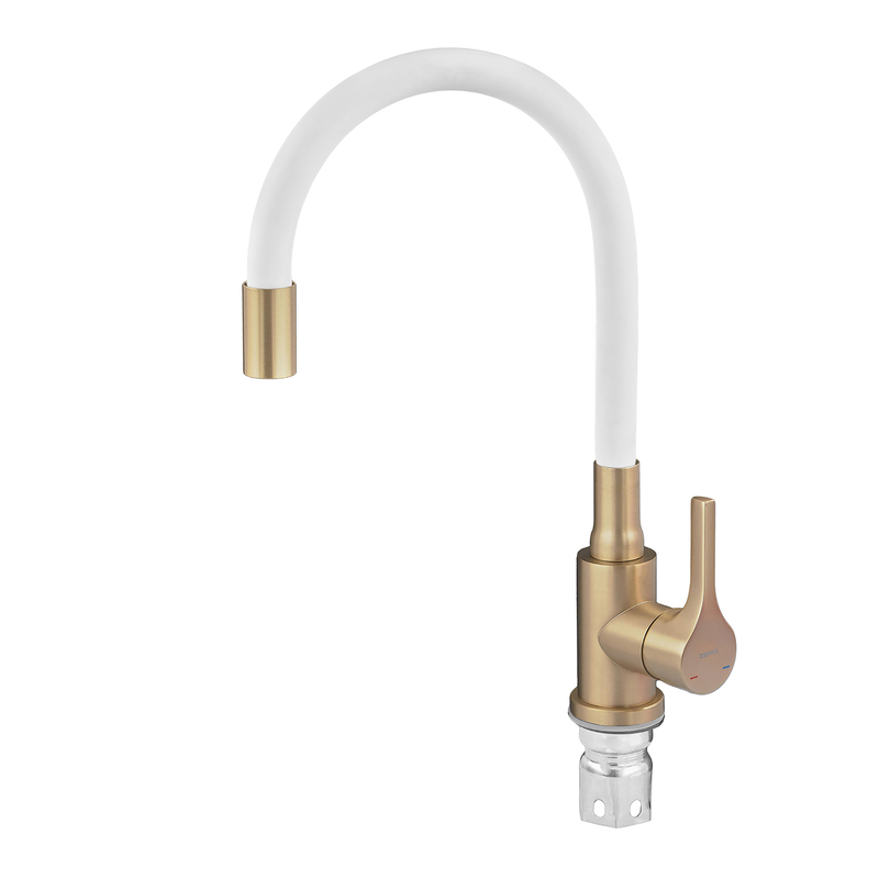 Змішувач для кухні ZERIX REX-011 BRUSHED GOLD REFL.WHITE з нерж. сталі (Колір матове золото+силіконовий вилив білий) (ZX6134)