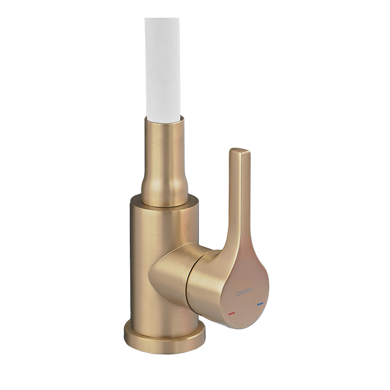 Змішувач для кухні ZERIX REX-011 BRUSHED GOLD REFL.WHITE з нерж. сталі (Колір матове золото+силіконовий вилив білий) (ZX6134)
