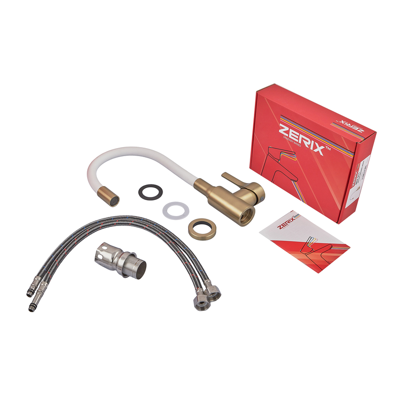 Змішувач для кухні ZERIX REX-011 BRUSHED GOLD REFL.WHITE з нерж. сталі (Колір матове золото+силіконовий вилив білий) (ZX6134)