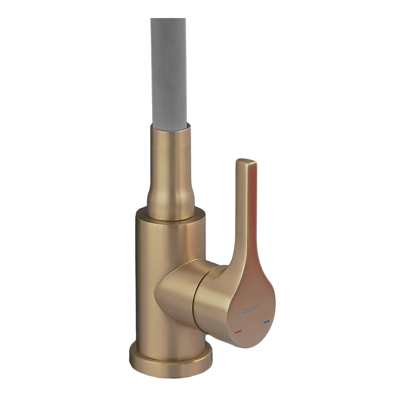 Змішувач для кухні ZERIX REX-011 BRUSHED GOLD REFL.GREY з нерж. сталі (Колір матове золото+силіконовий вилив сірий) (ZX6133)
