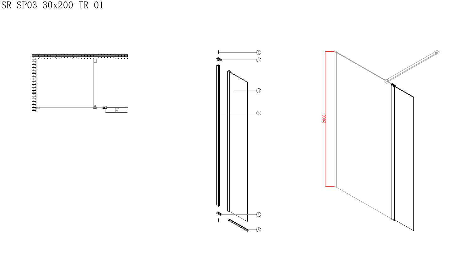 Душевая перегородка Koer SR SP03-30x200-TR-01 Walk-In (двиг. часть) прозрачное стекло Easy Clean 8мм, хром (KR5399)