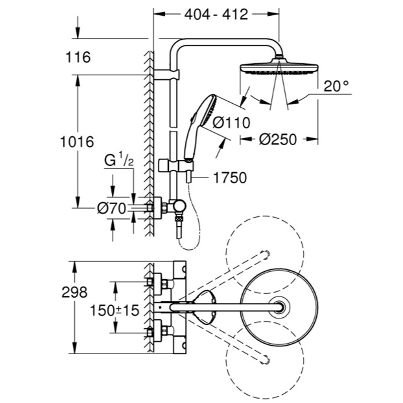 Душевая система с термостатом для настенного монтажа Grohe Tempesta System 250 (266702431)
