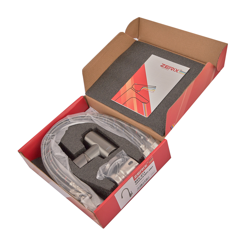 Змішувач для кухні ZERIX REX-011 GRAPHITE REFL.GREY з нерж. сталі (Колір графіт+силіконовий вилив сірий) (ZX6130)